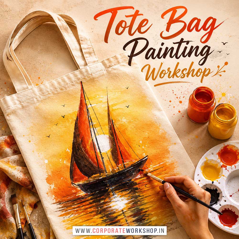 Tote Bag Painting Workshop Tote Bag Painting Workshop for Young and Adults in Delhi, Online Tote Bag Painting Workshp for Young and Adults, Best Art & Craft Workshop for Adults near Me