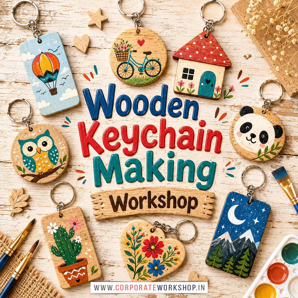 Wooden Keychain Making Workshop Wooden Keychain Making Workshop for Young and Adults in Delhi, Online Wooden Keychain Making Workshp for Young and Adults, Best Art & Craft Workshop for Adults near Me