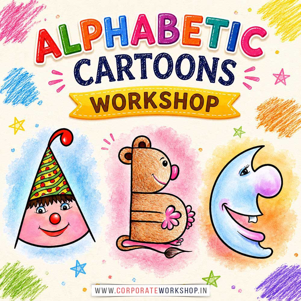 Alphabetic Cartoons Workshop for Kids in Corporate Events,Alphabetic Cartoons Activity for Kids in Corporate Events, Art & Craft Activity for Kids in Corporate Events, Corporate Family Day Kids Activity, Children Stall Activity, Alphabetic Cartoons Fun Activity for Kids in Corporate Events, Himanshu Art Institute