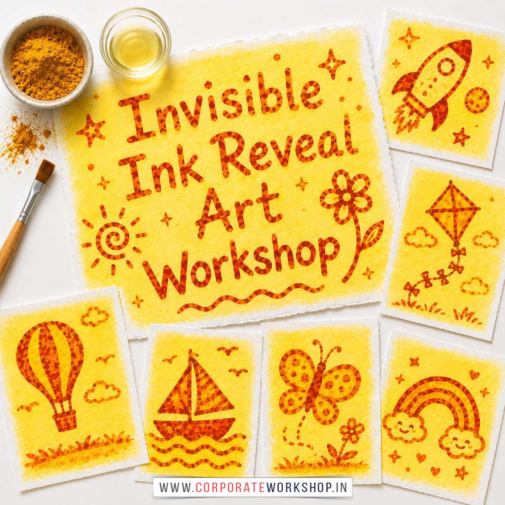 Invisible Ink Reveal Art Workshop for Kids in Corporate Events,Invisible Ink Reveal Art Activity for Kids in Corporate Events, Art & Craft Activity for Kids in Corporate Events, Corporate Family Day Kids Activity, Children Stall Activity, Invisible Ink Reveal Art Fun Activity for Kids in Corporate Events, Himanshu Art Institute