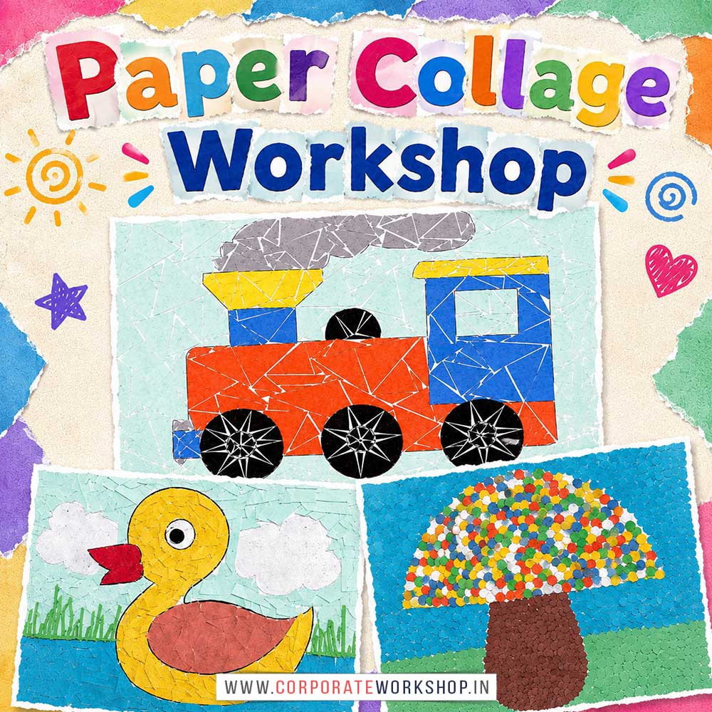Paper Collage Workshop for Kids in Corporate Events,Paper Collage Activity for Kids in Corporate Events, Art & Craft Activity for Kids in Corporate Events, Corporate Family Day Kids Activity, Children Stall Activity, Paper Collage Fun Activity for Kids in Corporate Events, Himanshu Art Institute