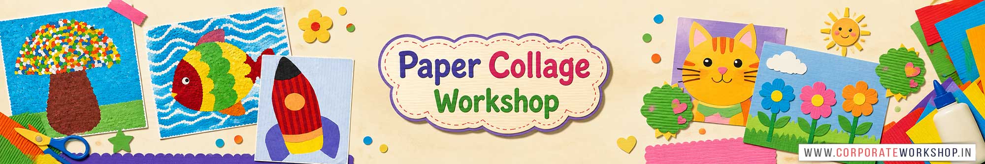Paper Collage Workshop for Kids in Corporate Events,Paper Collage Activity for Kids in Corporate Events, Art & Craft Activity for Kids in Corporate Events, Corporate Family Day Kids Activity, Paper Collage Fair Activity for Kids, Children Stall Activity, Paper Collage Fun Activity for Kids in Corporate Events, Himanshu Art Institute