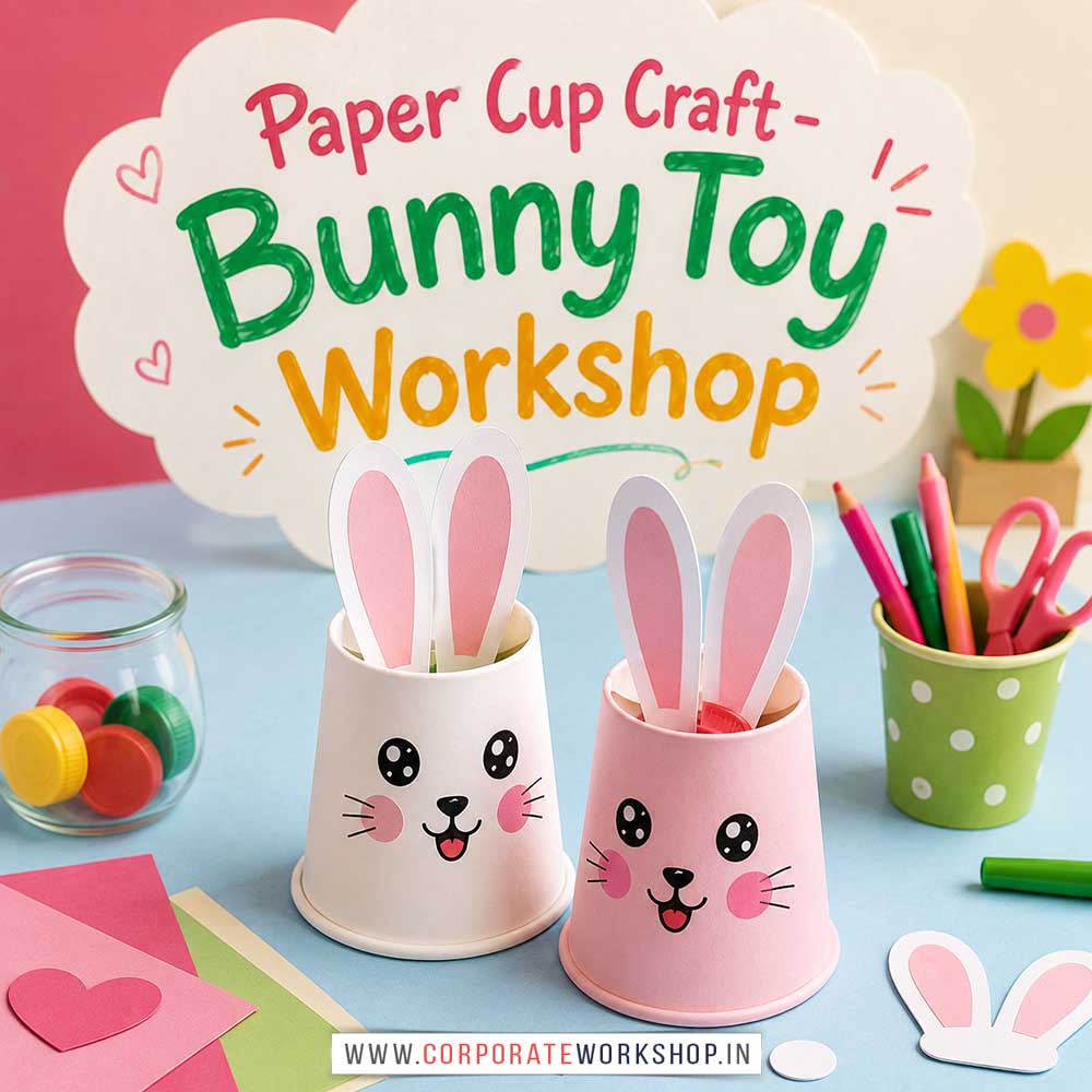 Paper Cup Craft Bunny Toy Workshop for Kids in Corporate Events,Paper Cup Craft Bunny Toy Activity for Kids in Corporate Events, Art & Craft Activity for Kids in Corporate Events, Corporate Family Day Kids Activity, Children Stall Activity, Paper Cup Craft Bunny Toy Fun Activity for Kids in Corporate Events, Himanshu Art Institute