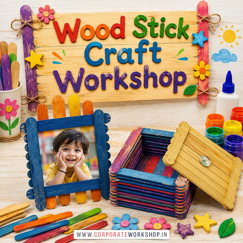 Wood Stick Craft Workshop for Kids in Corporate Events,Wood Stick Craft Activity for Kids in Corporate Events, Art & Craft Activity for Kids in Corporate Events, Corporate Family Day Kids Activity, Children Stall Activity, Wood Stick Craft Fun Activity for Kids in Corporate Events, Himanshu Art Institute