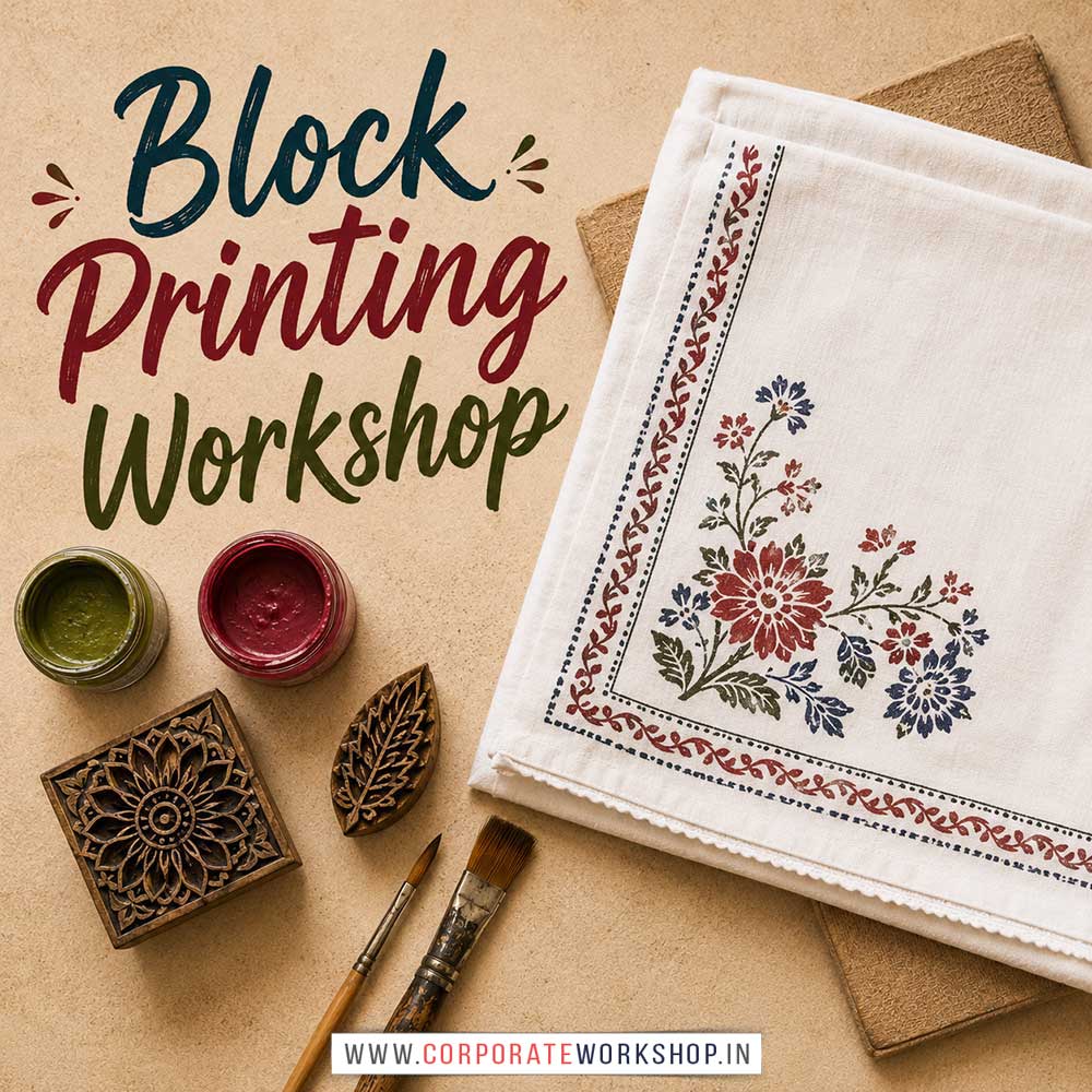 Block Printing Workshop for Corporate Companies, Block Printing Workshop for Corporate Employees, Block Printing Workshop for Corporate Clients, Block Printing Workshop for Office Events, Art & Craft Activity for Corporate Companies, Himanshu Art Institute