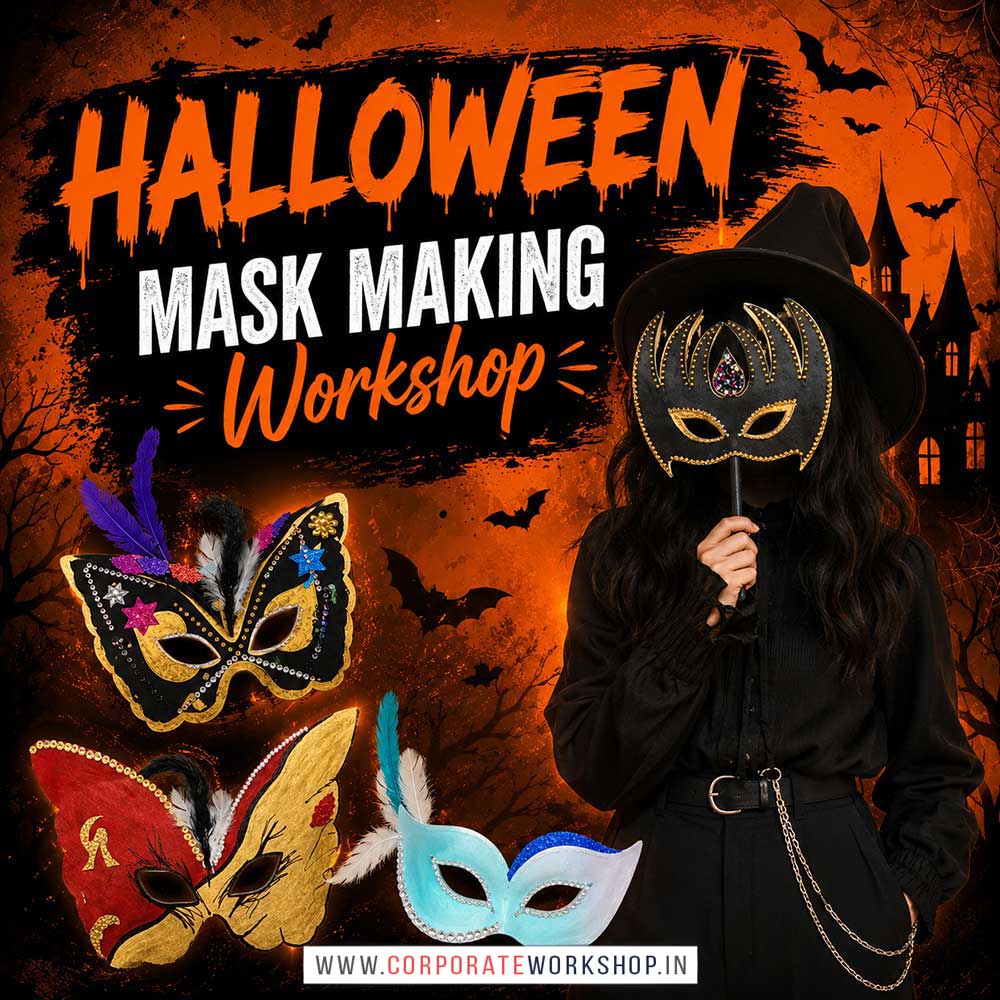 Halloween Mask Making Workshop for Corporate Companies, Halloween Mask Making Workshop for Corporate Employees, Halloween Mask Making Workshop for Corporate Clients, Halloween Mask Making Workshop for Office Events, Art & Craft Activity for Corporate Companies, Himanshu Art Institute