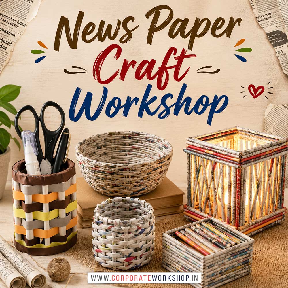 News Paper Craft Workshop for Corporate Companies News Paper Craft Workshop for Corporate Companies, News Paper Craft Workshop for Corporate Employees, News Paper Craft Workshop for Corporate Clients, News Paper Craft Workshop for Office Events, Art & Craft Activity for Corporate Companies, Himanshu Art Institute