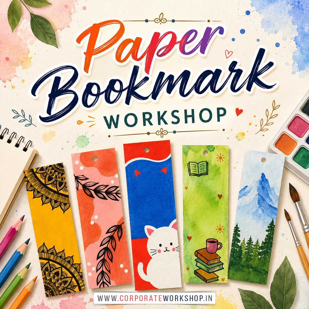 Paper Bookmark Making Workshop for Corporate Companies Paper Bookmark Making Workshop for Corporate Companies, Paper Bookmark Making Workshop for Corporate Employees, Paper Bookmark Making Workshop for Corporate Clients, Paper Bookmark Making Workshop for Office Events, Art & Craft Activity for Corporate Companies, Himanshu Art Institute