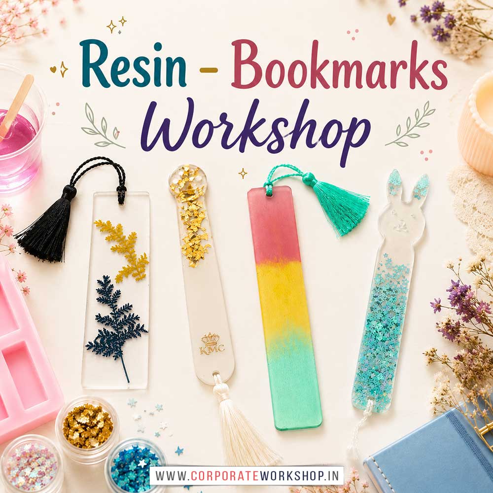 Resin Bookmarks Workshop for Corporate Companies, Resin Bookmarks Workshop for Corporate Employees, Resin Bookmarks Workshop for Corporate Clients, Resin Bookmarks Workshop for Office Events, Art & Craft Activity for Corporate Companies, Himanshu Art Institute