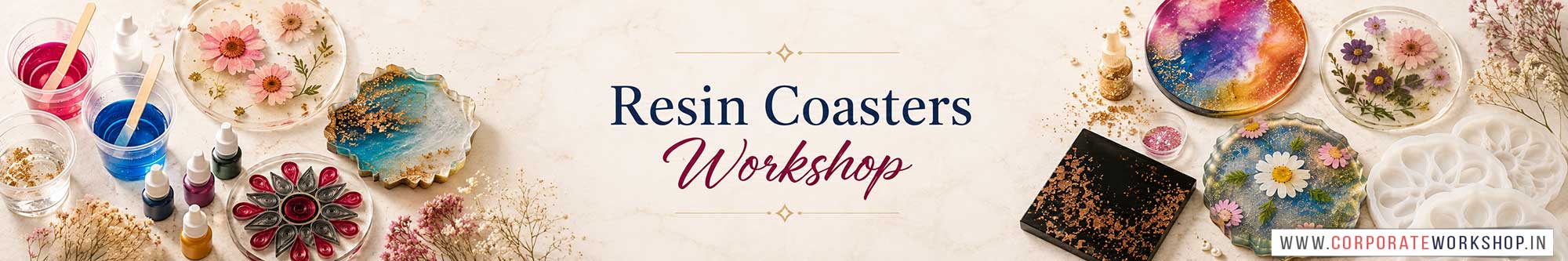Resin Coasters Workshop for Corporate Companies, Resin Coasters Workshop for Corporate Employees, Resin Coasters Workshop for Corporate Clients, Resin Coasters Workshop for Office Events, Art & Craft Activity for Corporate Companies, Himanshu Art Institute
