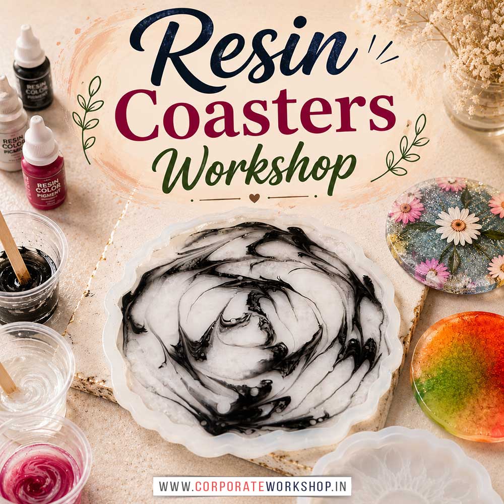 Resin Coasters Workshop for Corporate Companies Resin Coasters Workshop for Corporate Companies, Resin Coasters Workshop for Corporate Employees, Resin Coasters Workshop for Corporate Clients, Resin Coasters Workshop for Office Events, Art & Craft Activity for Corporate Companies, Himanshu Art Institute