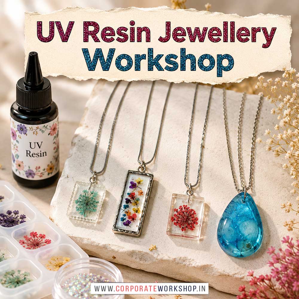 UV Resin Jewellery Workshop for Corporate Companies UV Resin Jewellery Workshop for Corporate Companies, UV Resin Jewellery Workshop for Corporate Employees, UV Resin Jewellery Workshop for Corporate Clients, UV Resin Jewellery Workshop for Office Events, Art & Craft Activity for Corporate Companies, Himanshu Art Institute